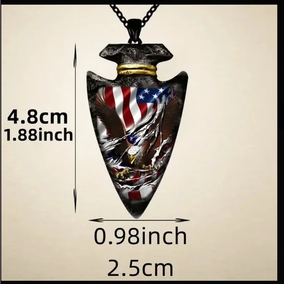Patriotic USA American Flag and Eagle Arrowhead Design Black Unisex Necklace - Picture 3 of 7